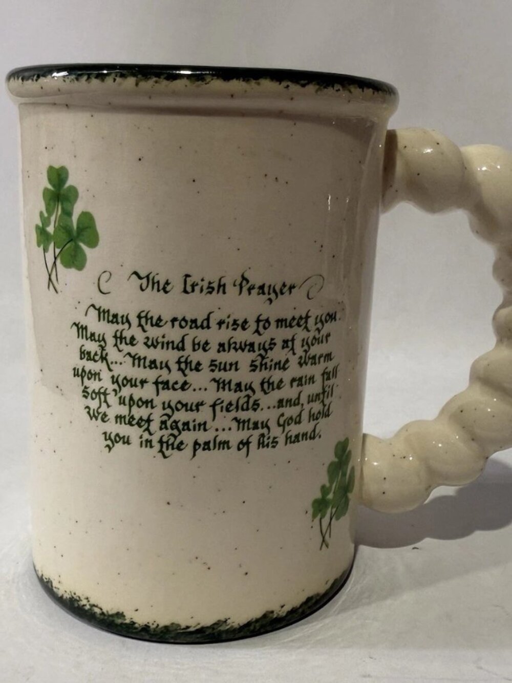 Vintage Irish Prayer Pottery Mug Shamrocks Twisted Rope Handle Beige